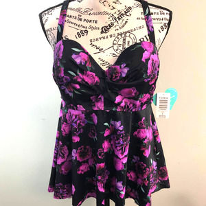 Torrid Tankini Purple Flower Twist Swim Top 0 Size 12 Large Built-in Underwire